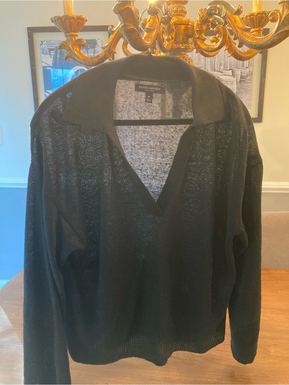 Banana Republic Black V-Neck Collared linen Sweater - Women